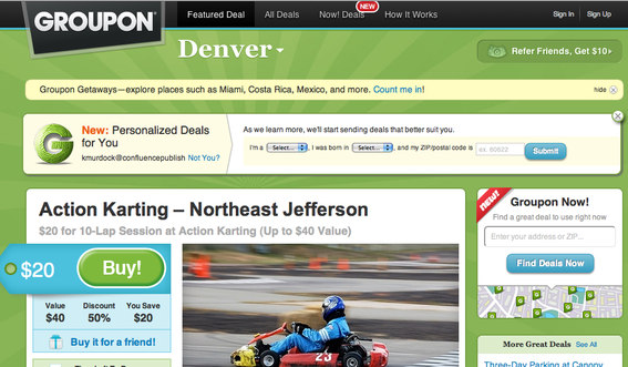 Groupon home page, for the Denver, Colorado market.