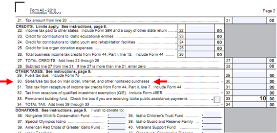 Sample excerpt from Idaho state income tax return, with line for tax due from Internet purchases.