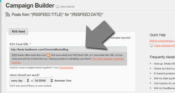Copy and paste the desired RSS feed into the MailChimp form.