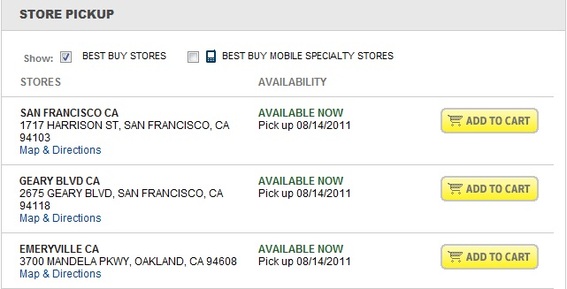 Best Buy discloses in-stock inventory in physical locations with the "Available Now" text.
