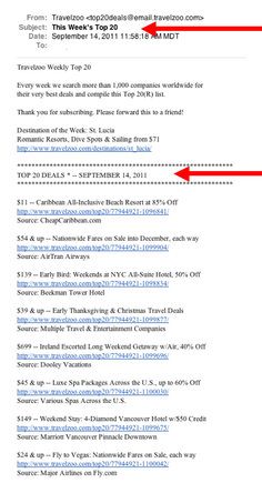 Sample Travelzoo email. Note the subject line — "This Week's Top 20" — and the "Top 20 Deals" heading. They are consistent for every Travelzoo email.