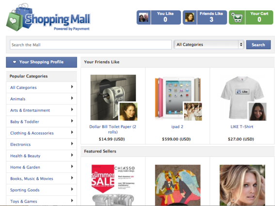 Payvment's shopping mall aggregates products from individual Facebook stores.