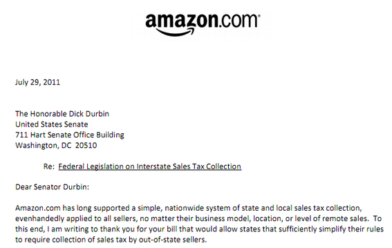 An Amazon executive, Paul Misener, wrote a letter to Sen. Durbin expressing Amazon's support for his proposed "Mainstreet Fairness Act." Click on the image for a full PDF of the letter.