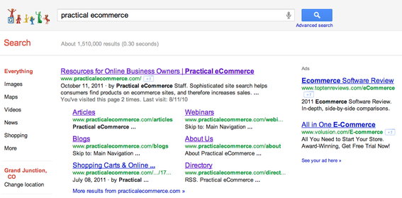 Google search results for "practical ecommerce."
