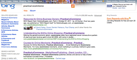Bing search results for "practical ecommerce."