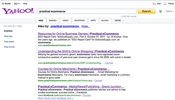 Yahoo! search results for "practical ecommerce."