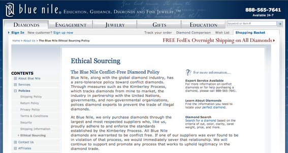 Blue Nile sells expensive jewelry. Its "Ethical Sourcing" page explains where its products come from.