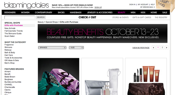 Bloomingdale's uses a top rotating text banner to promote specials, and also uses colorful banners to advertise gift offers.