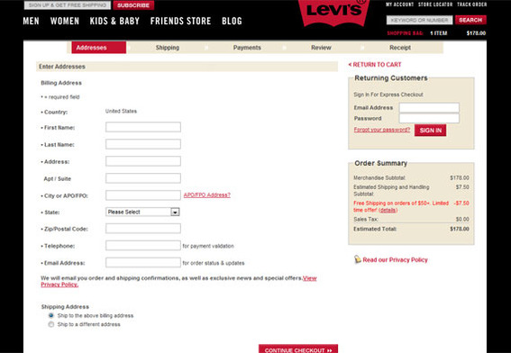 Forms, such as this one from Levi's, lie between a user and what that user wants.