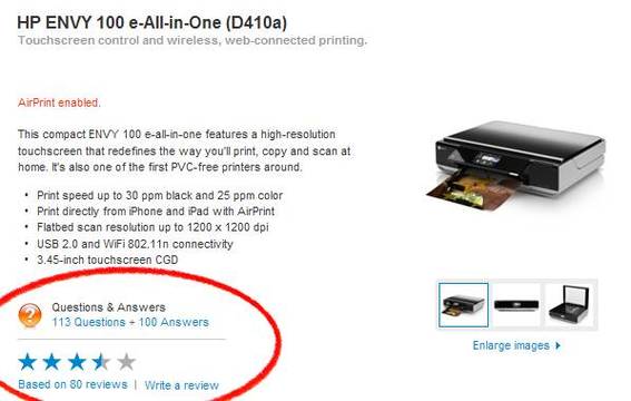 "Questions & Answers" link is prominently displayed on Apple.com's HP Envy 100 product page.