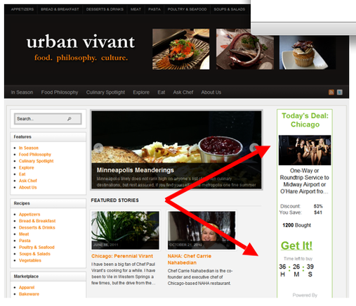 Urban Vivant — a food-related blog — runs a affiliate ad from Groupon on the right side of its site.