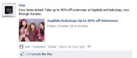 Gap uses Facebook to share promotions and drive extra traffic.