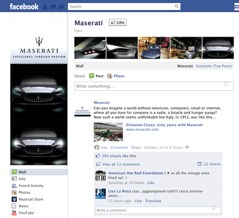 Maserati provides information on Facebook about its products, but doesn't attempt to sell them directly.