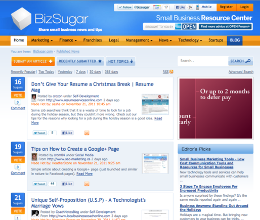 BizSugar aggregates news of interest to small business.