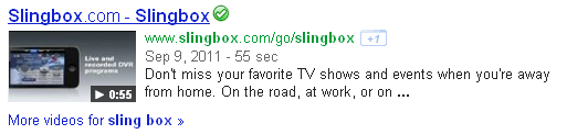 Search results for "Slingbox" showing a video on Slingbox.com.