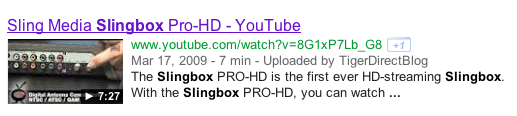 Search results for "Slingbox" showing a video on YouTube.