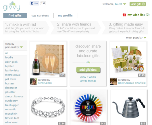 Givvy is a Facebook social shopping application focused on curation.