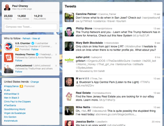 Twitter's new layout changes the column structure; the main column is now on the right.