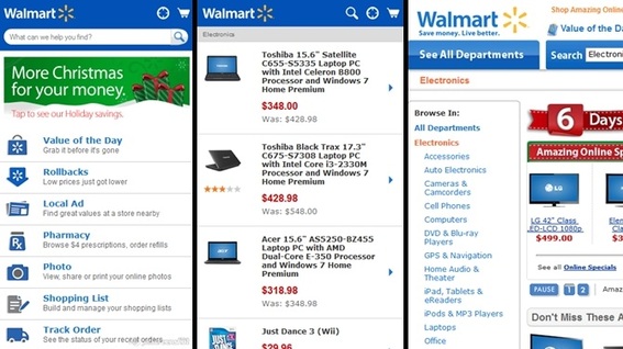 Walmart's smartphone site doesn't work well with mobile search, as shown in these three images — described in  the paragraph above.