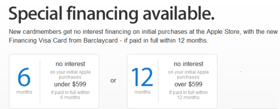 Retailers often use instant financing as an incentive to sign up for credit cards. This example is from Apple.com.