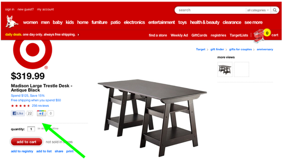 Target.com provides the Facebook "Like" and the Google+ buttons on its product pages.