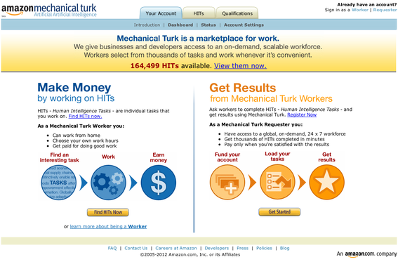 Home page, Amazon's Mechanical Turk.
