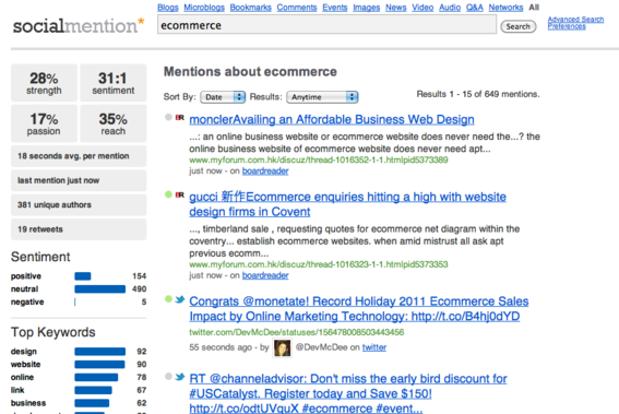SocialMention returns for "ecommerce."