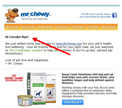 This email from a pet supplier includes a personalized salutation: "Hi Carolyn Nye!."