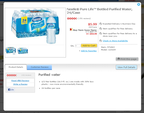 Quick-view modal from Staples.com of Nestle Pure Life water.