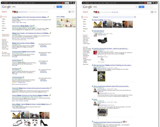 On the left is Google's typical search results page for a search for "shoes." On the right is Google's SPYW result page for the same query.