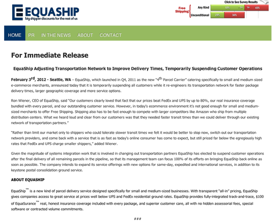 Equaship announcement, suspending operations. Click on the "Enlarge" link to read entire text.