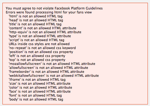 Wildfire's app forbids the use of many HTML tags and attributes.