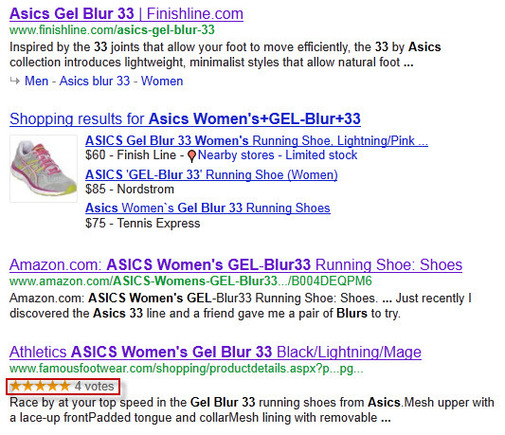 Search results with ratings stars in the snippets due to hReview-aggregate microformatting.