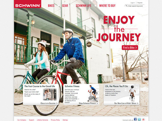Schwinn's home page shows its products in context and links to content marketing.