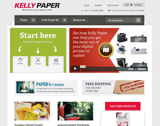 Kelly Paper's home page is vibrant and engaging.