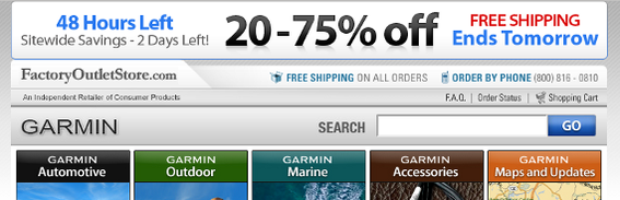 FactoryOutletStore.com's landing page offered continuity with its pay-per-click ad, emphasizing the 75 percent off.