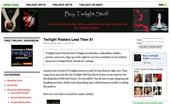BuyTwilightStuff is an affiliate site focusing on the Twilight book and movie series. 