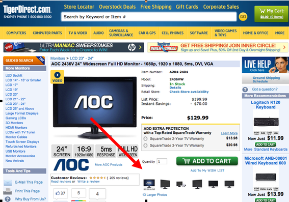 On the lower right of this product detail page, TigerDirect.com provides multiple views of this computer monitor. TigerDirect is a terrific  website to analyze when it comes to product pages.