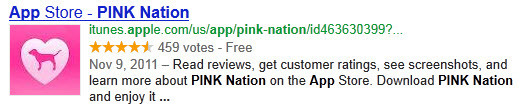 Google's search result for the Victoria's Secret PINK Nation app in the Apple App Store