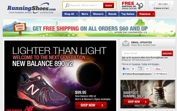 RunningShoes.com features a new running shoe, from New Balance, prominently on its home page.