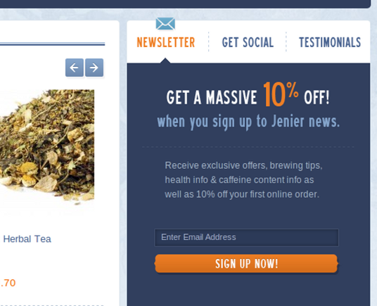 Jenier World of Teas offers a 10 percent discount and describes what users get.