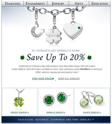 Blue Nile does a nice job showcasing their Irish and St. Patrick’s Day themed charms, which many customers may not realized they had without being featured in the email.