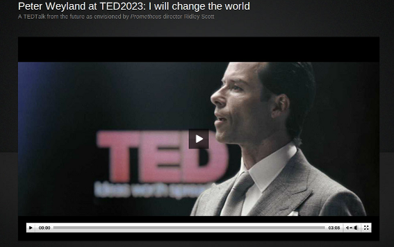 Actor Guy Pearce gives a TED TALK as Peter Weyland from the film Prometheus.