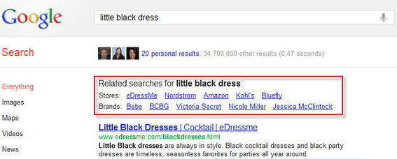 Google's related stores and brands search results for "little black dress"