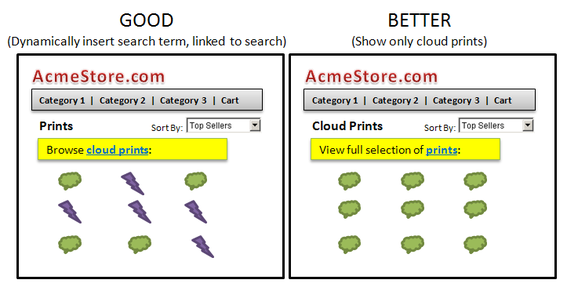 Match the content of the landing page to the shopper's search query. The example on the right shows results only for "cloud print," the shopper's search term.