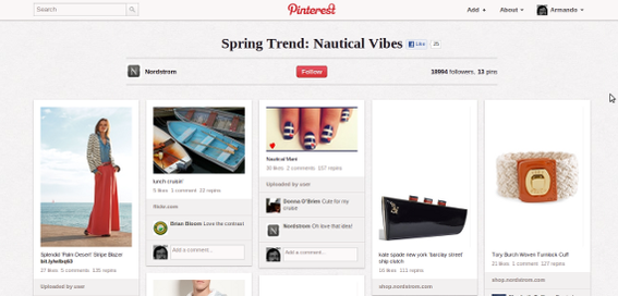 Nordstrom's Pinterest boards are a great example of including product likes and images on Pinterest.