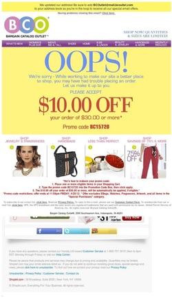 Bargain Catalog Outlet sent an "oops" email when it realized customers may have had trouble placing an order.