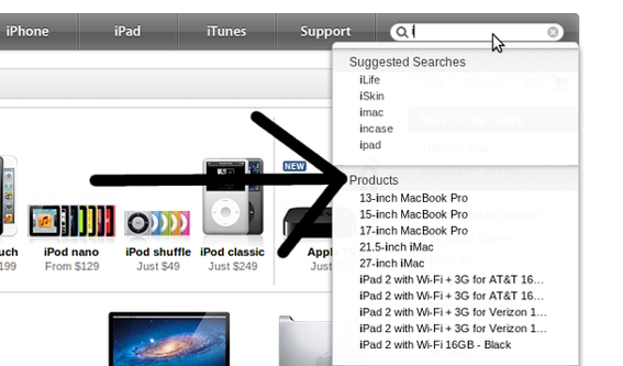 Apple shows products in its search suggestions.
