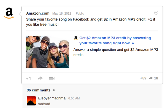 Amazon is actively publishing content, including offering discounts for interaction, on its Google+ page.