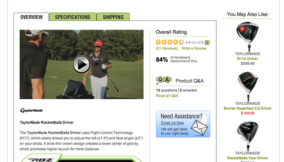 Golfsmith includes video on certain products, which — it says — increases conversions. This example is for a golf club on that site. 